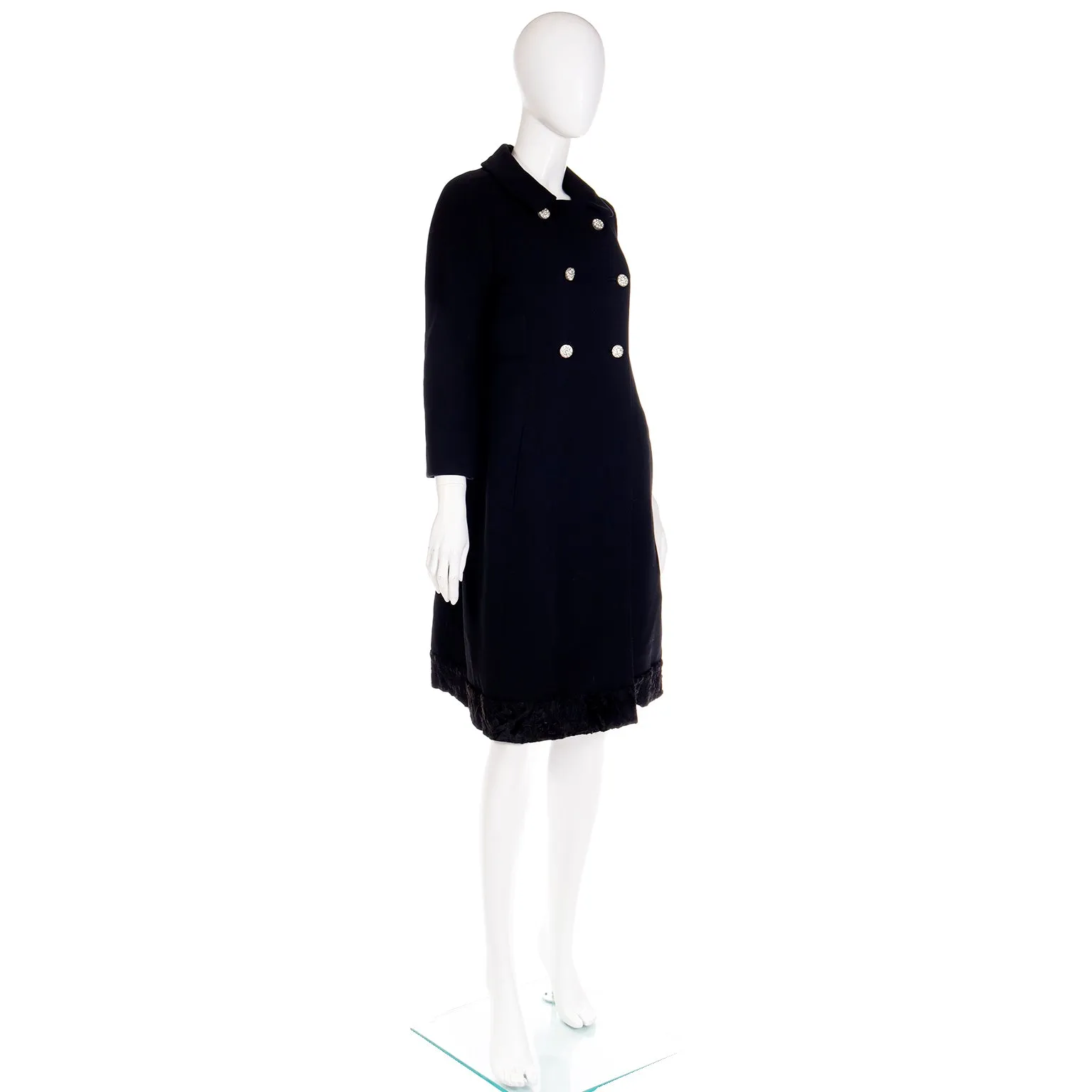 1960s Golet Original Black Coat W Faux Lambswool Trim & Rhinestone Buttons