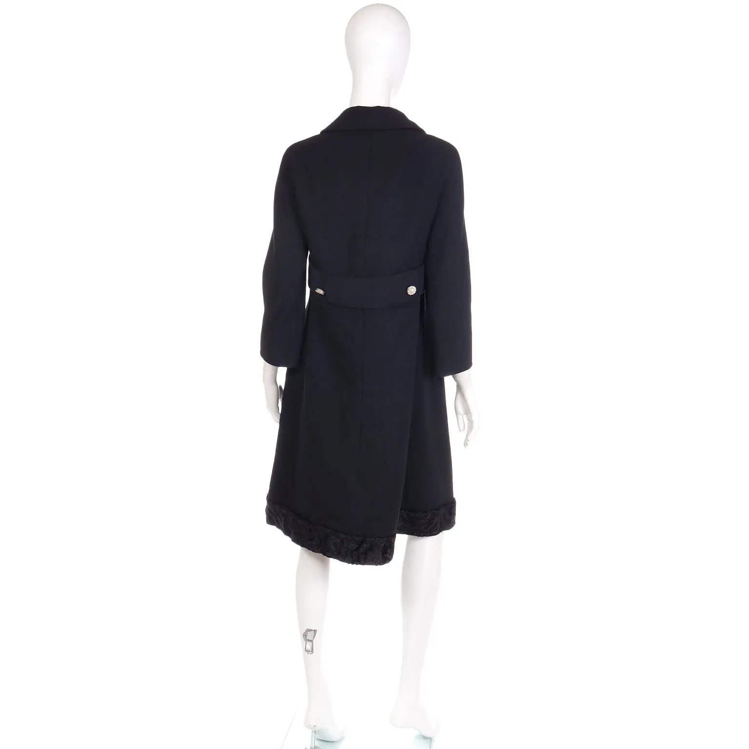 1960s Golet Original Black Coat W Faux Lambswool Trim & Rhinestone Buttons