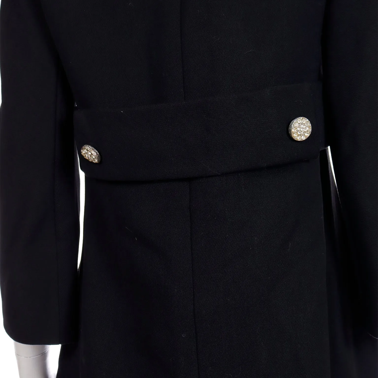 1960s Golet Original Black Coat W Faux Lambswool Trim & Rhinestone Buttons