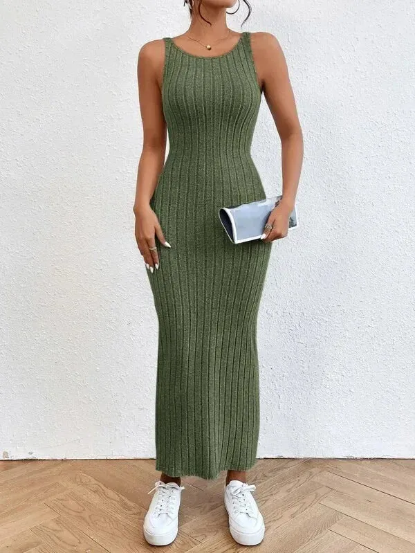 2024 Backless Knit Bodycon Long Elegant Sleeveless O Neck Tank Casual Beach Dress