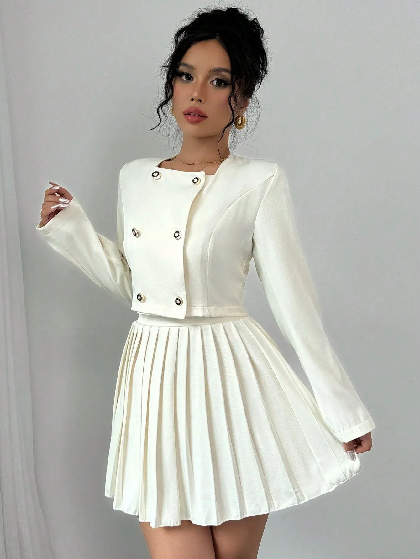 2pcs Women's Button Up Long Sleeve Top And Elegant Pleated Skirt Set