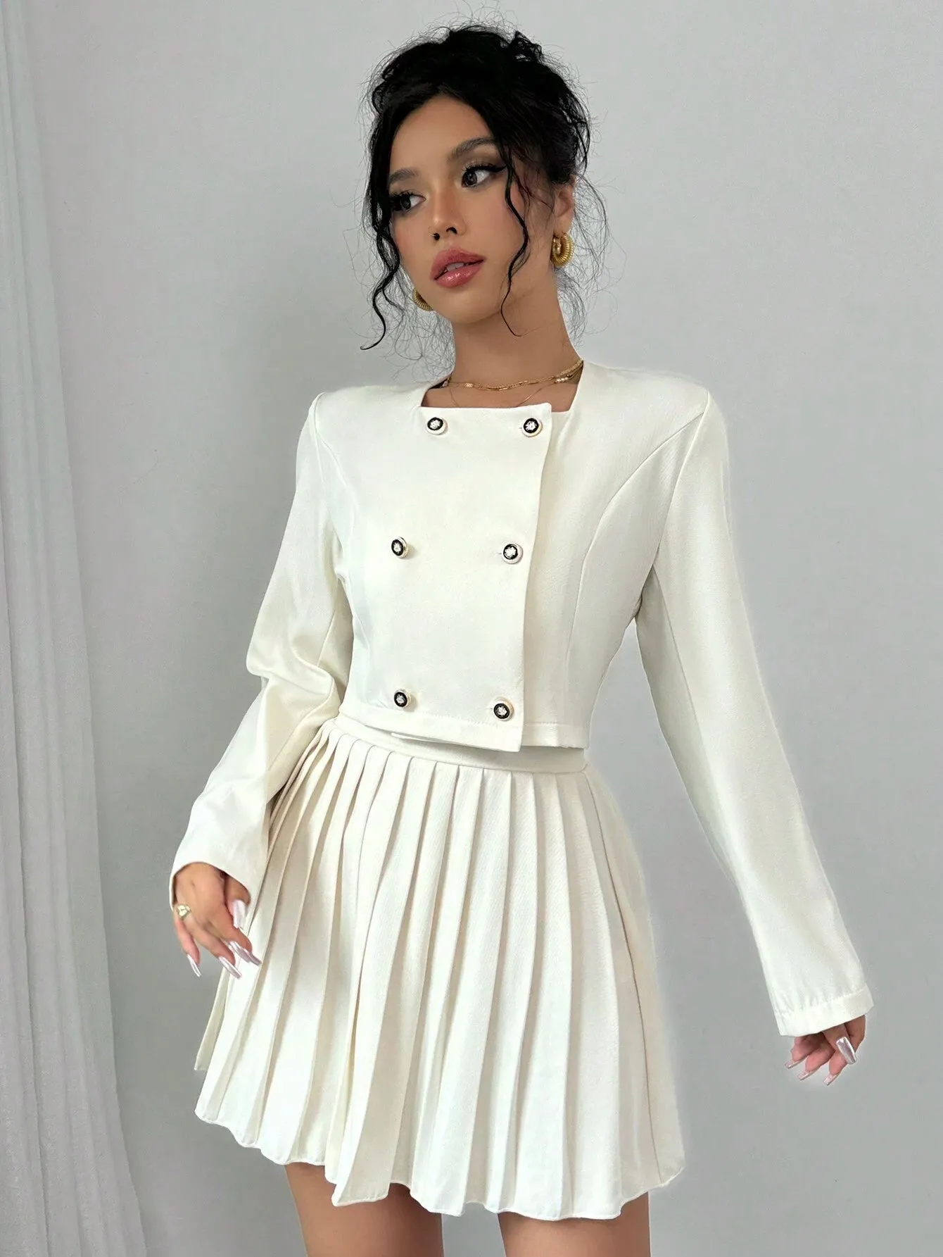 2pcs Women's Button Up Long Sleeve Top And Elegant Pleated Skirt Set