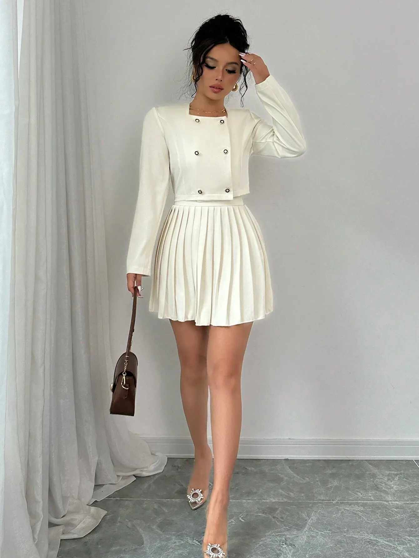 2pcs Women's Button Up Long Sleeve Top And Elegant Pleated Skirt Set