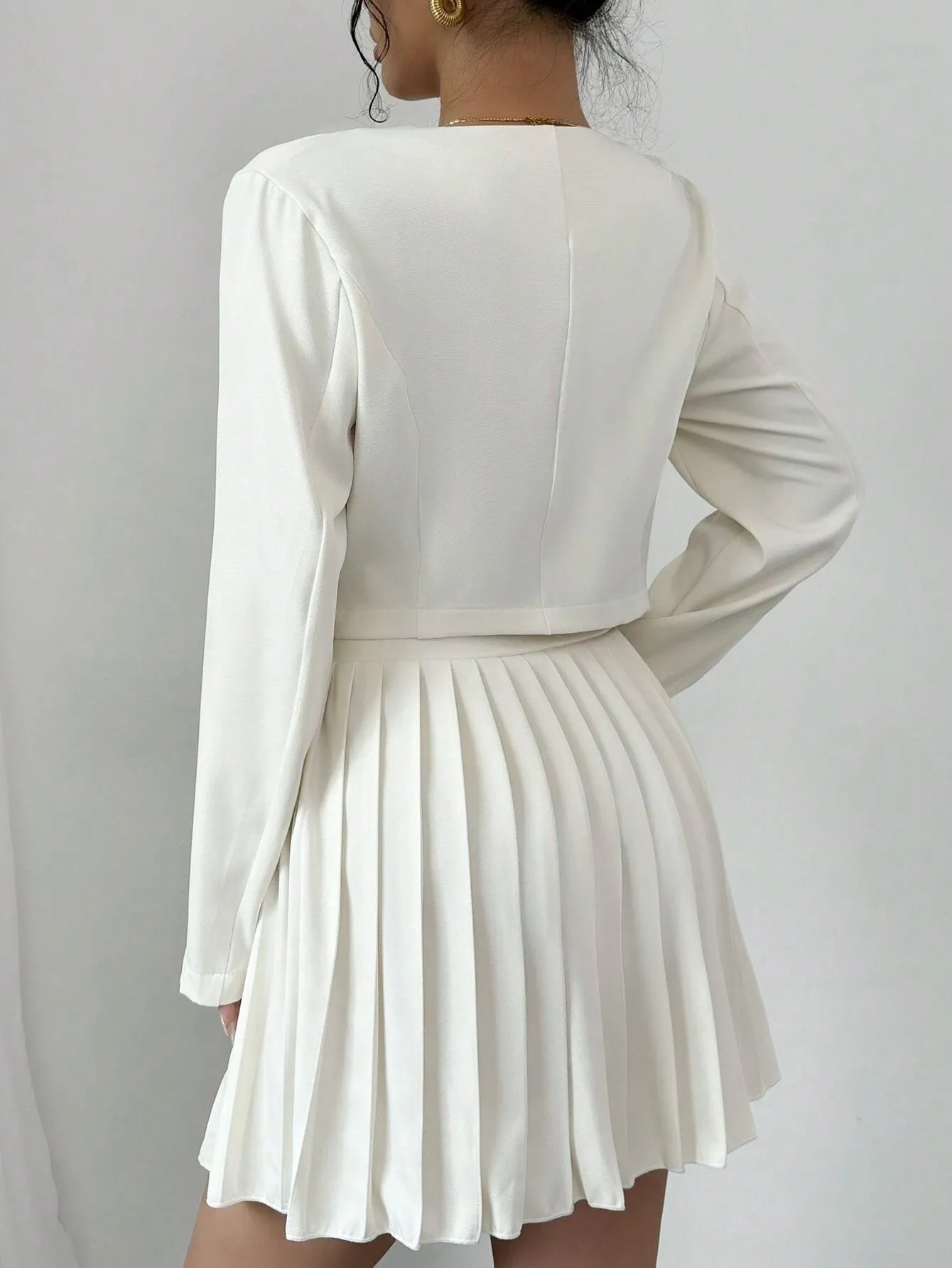 2pcs Women's Button Up Long Sleeve Top And Elegant Pleated Skirt Set