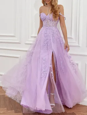 A-Line Prom Dresses See Through Dress Formal Sweep / Brush Train Sleeveless Sweetheart Tulle Backless with Beading Slit Appliques 2023