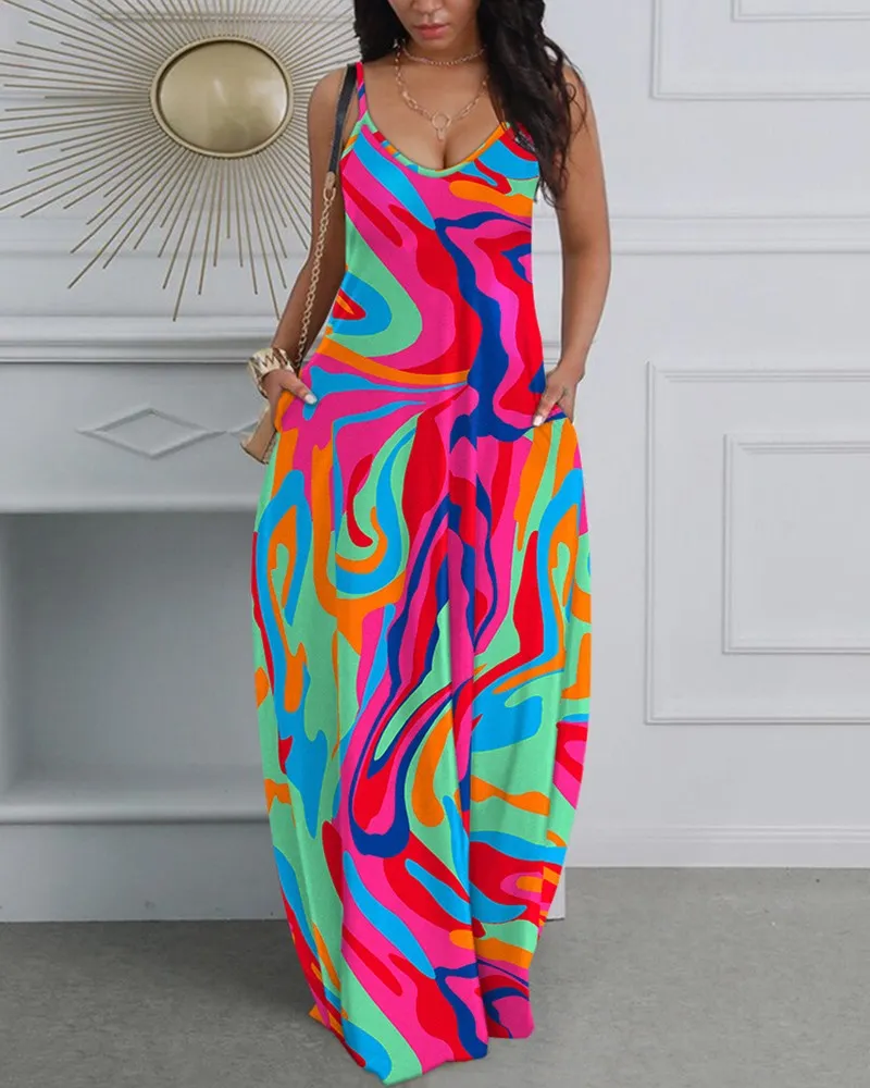 Abstract Print Spaghetti Strap Maxi Dress