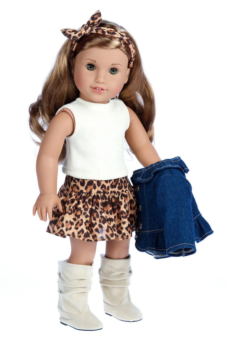 Adventure - Clothes for 18 inch Doll - 5 Piece Outfit - Jeans jacket, Ivory Tank Top, Skirt, Scarf and Boots