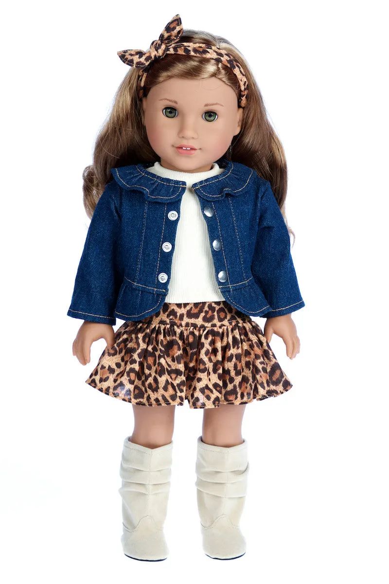 Adventure - Clothes for 18 inch Doll - 5 Piece Outfit - Jeans jacket, Ivory Tank Top, Skirt, Scarf and Boots