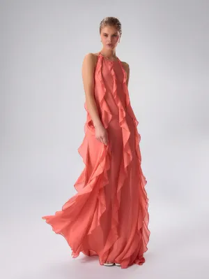 Beautiful Pink Chiffon Ruffle Halter Maxi Dress