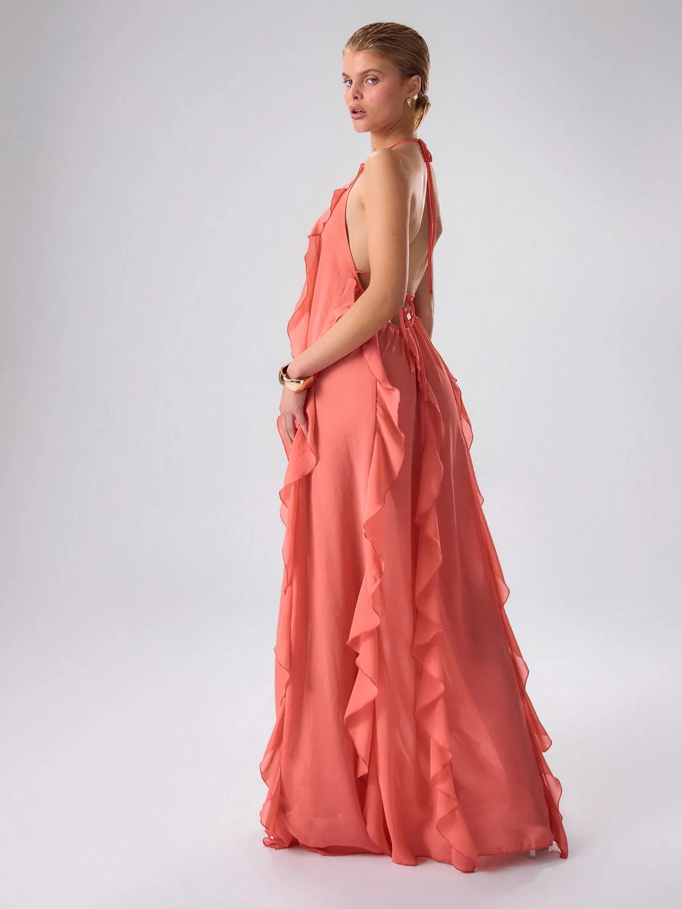 Beautiful Pink Chiffon Ruffle Halter Maxi Dress