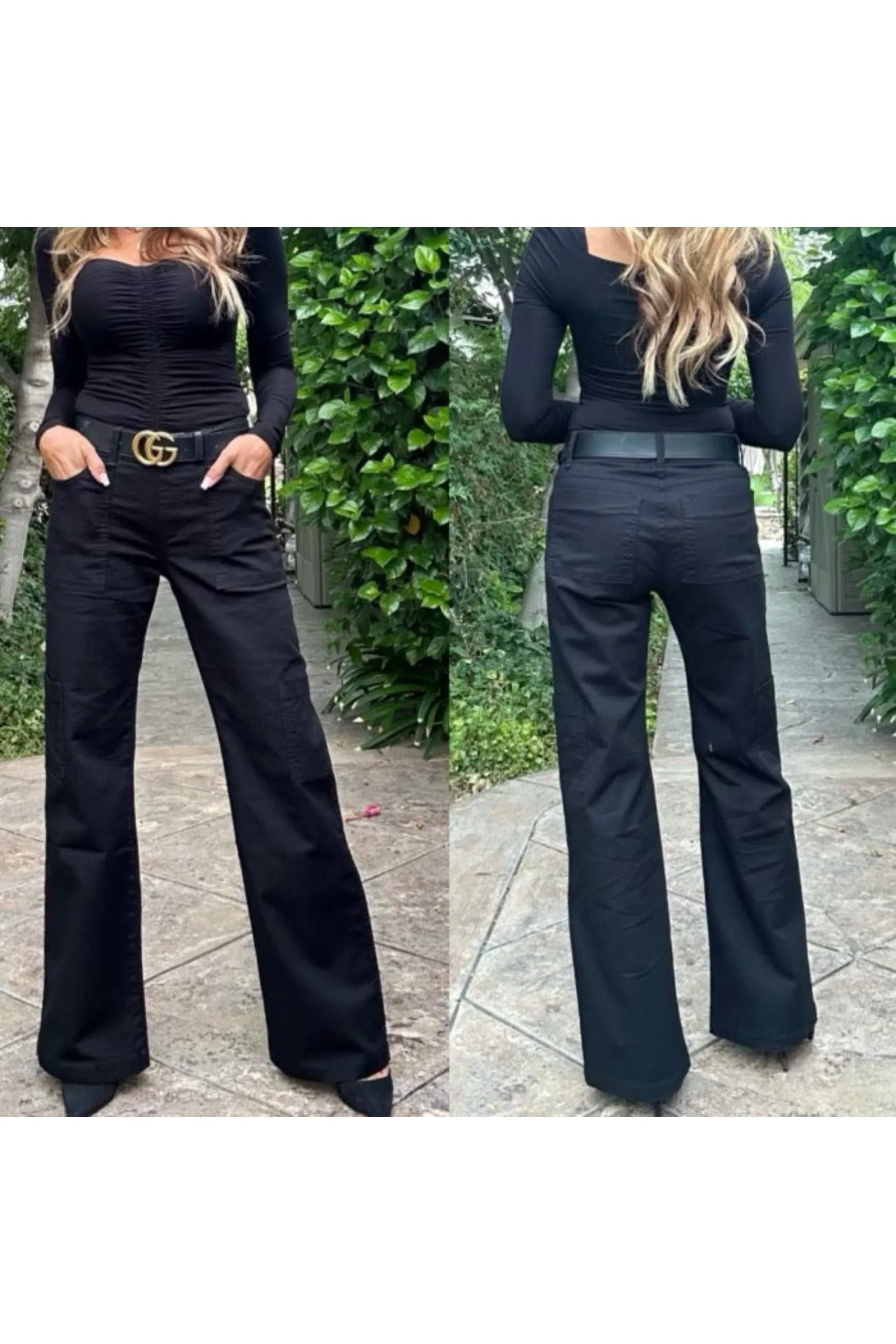 Bevy Flog Rose Pull On Flare Pants | Black Denim Long