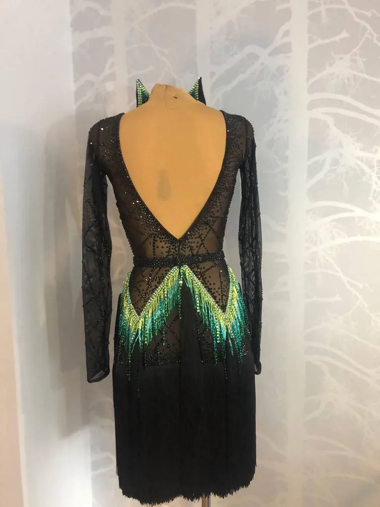 Black & Green Latin Dress with Fringe