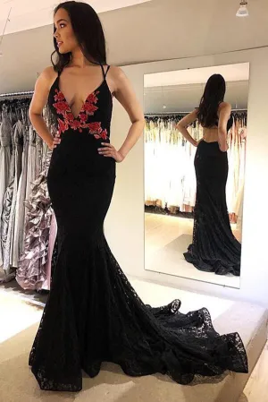 Black Lace Mermaid Backless Spaghetti Straps Prom Dresses, Evening Dress, SP712