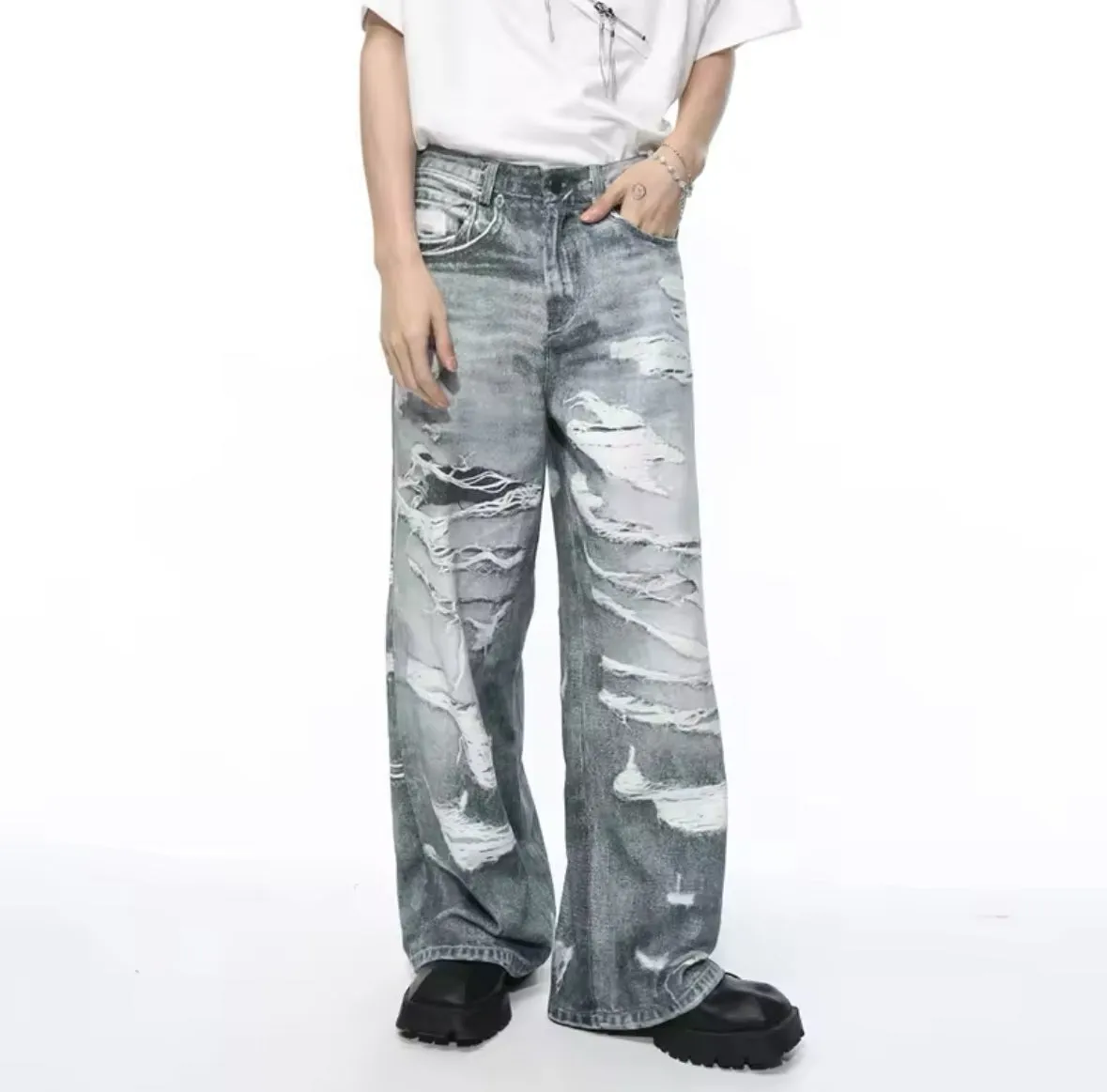 Blue-Gray Ripped Baggy Jeans