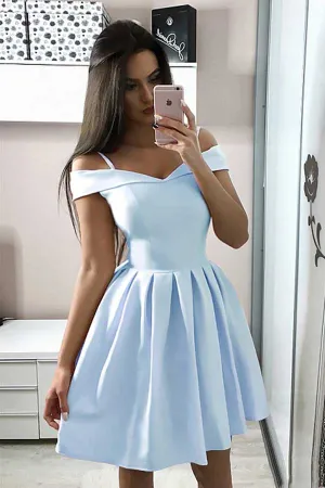 Blue Satin A-line Off-the-Shoulder Short Prom Dresses, Homecoming Dresses, SH616