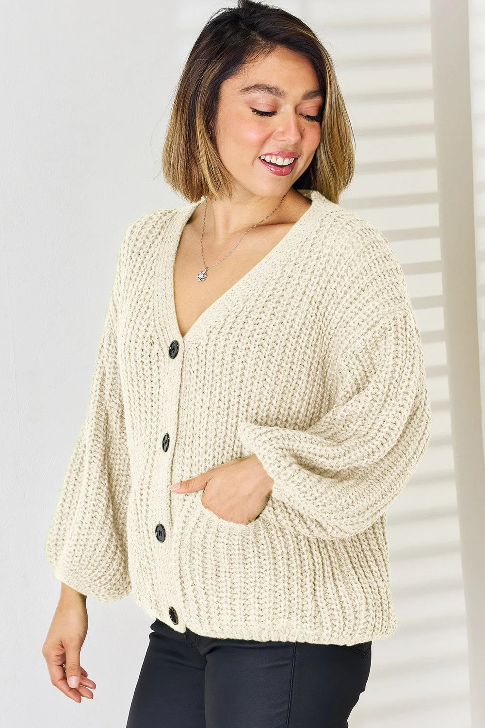 Cardigan with pockets and buttons Women's Fashion Knit Baggy Sleeves Open Sweater