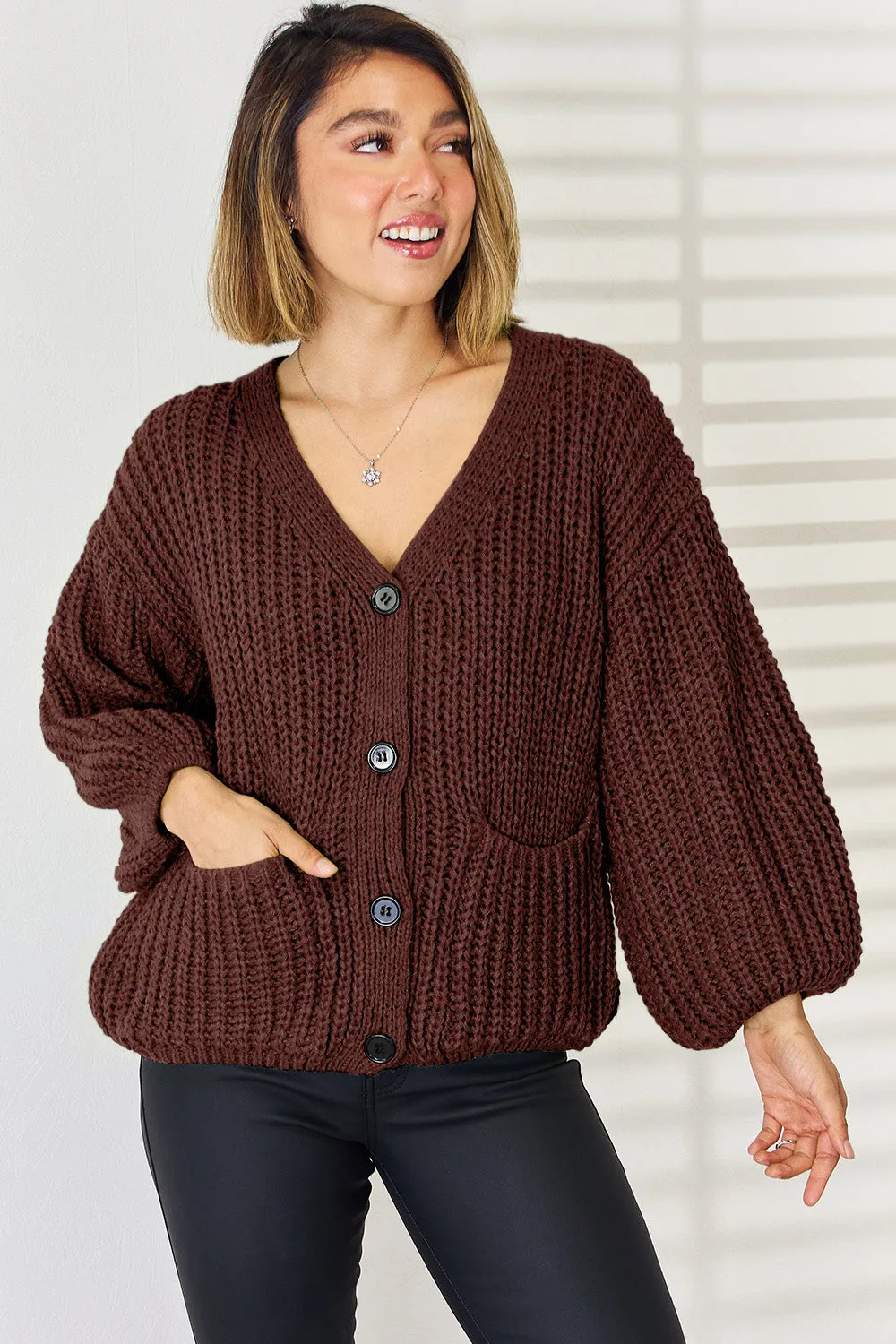 Cardigan with pockets and buttons Women's Fashion Knit Baggy Sleeves Open Sweater