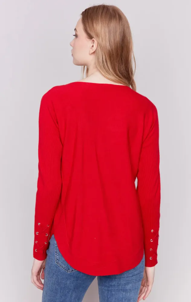 Charlie B Knit Sweater with Lace-Up Cuffs - Red