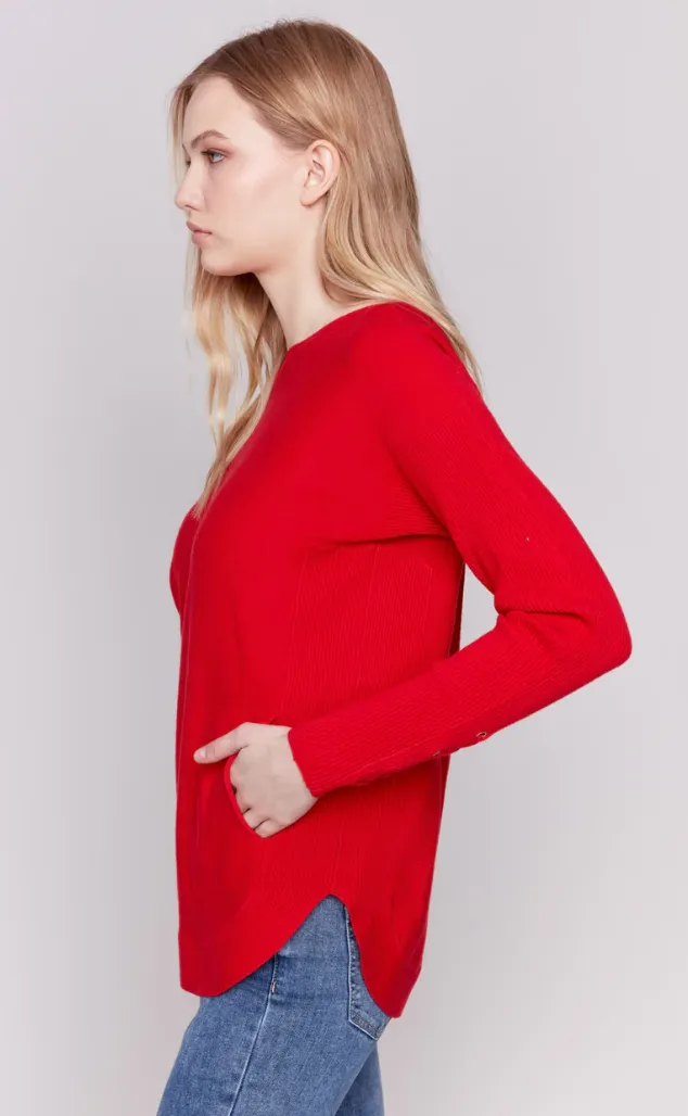 Charlie B Knit Sweater with Lace-Up Cuffs - Red