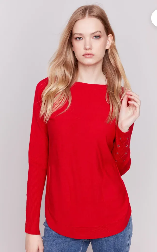 Charlie B Knit Sweater with Lace-Up Cuffs - Red