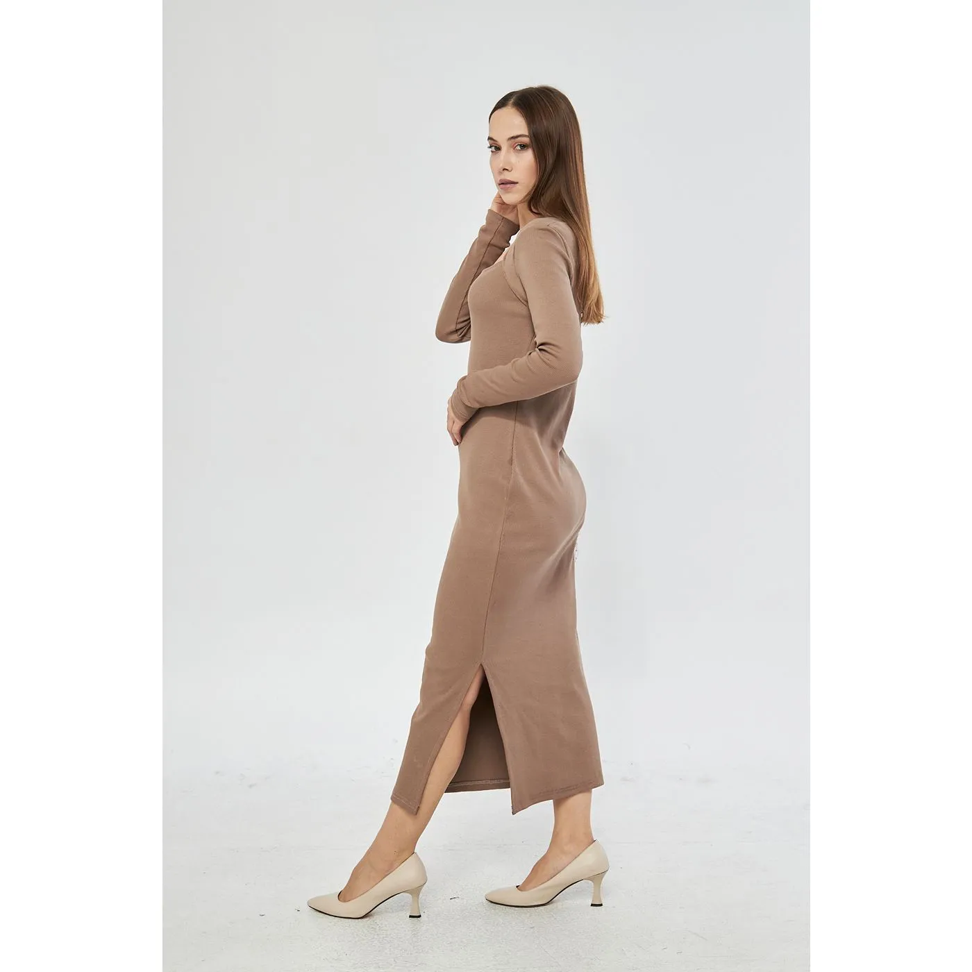 Coffee Swan Neck Side Slit Bodycon Dress