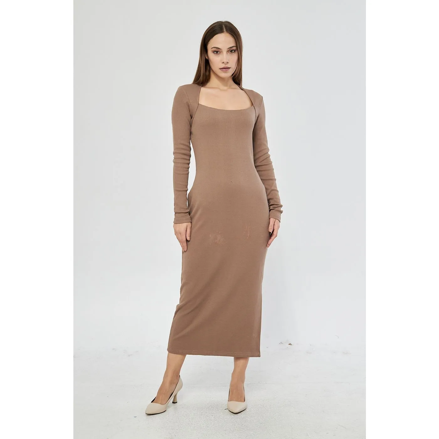 Coffee Swan Neck Side Slit Bodycon Dress