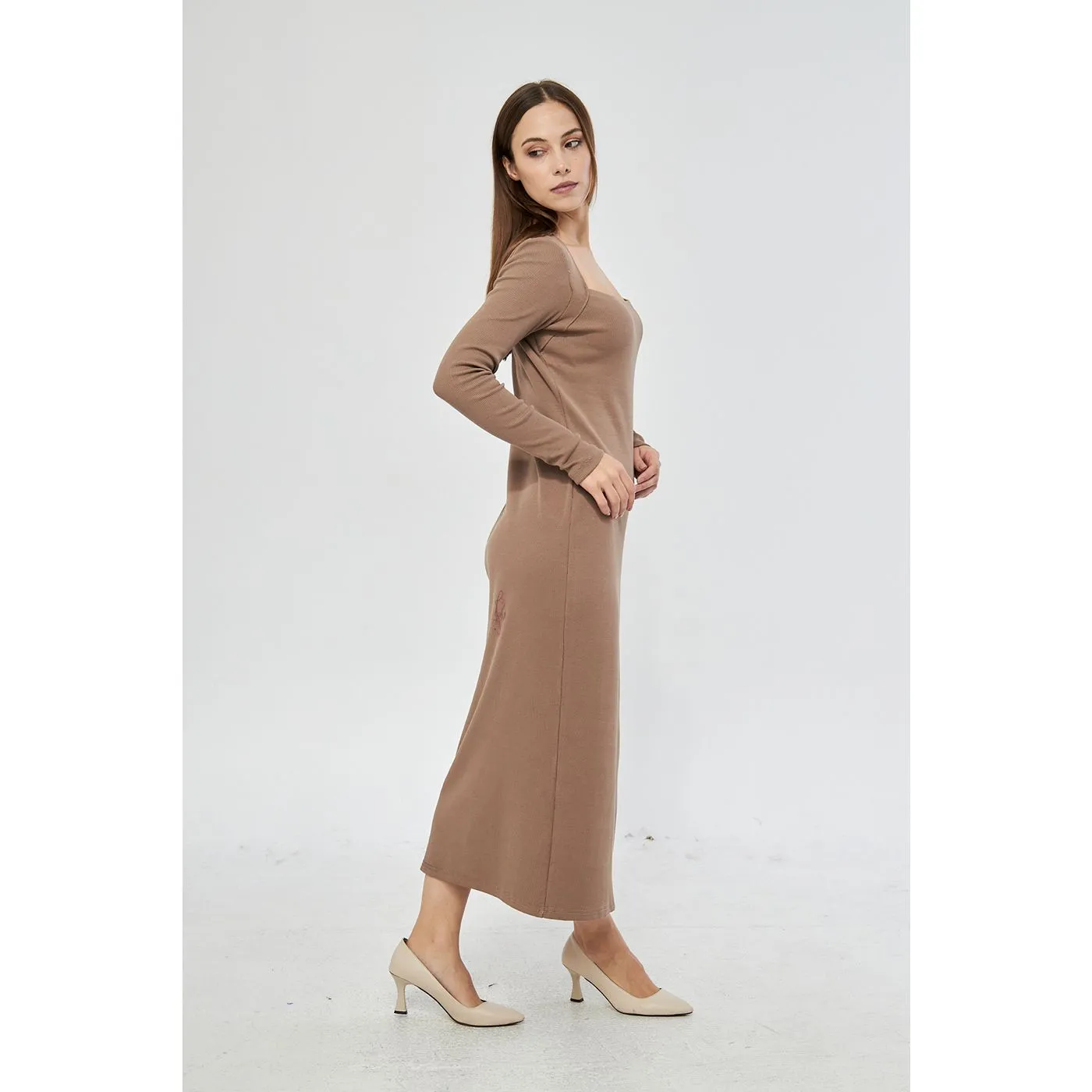 Coffee Swan Neck Side Slit Bodycon Dress