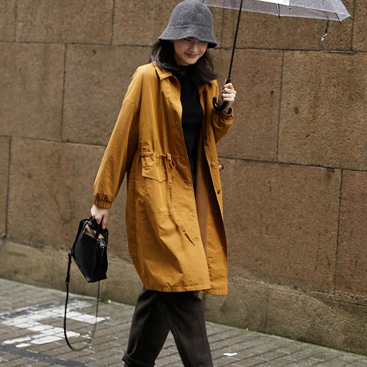 Cotton Ladies Long Coats, Winter Trench Outerwear, Women's Button up Trench