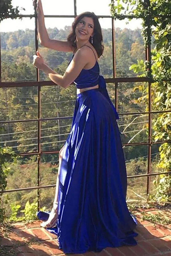 Cute Two Piece Floor Length Royal Blue Prom Dresses With Front Split, SP680