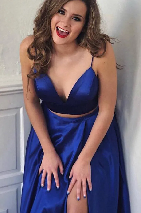 Cute Two Piece Floor Length Royal Blue Prom Dresses With Front Split, SP680