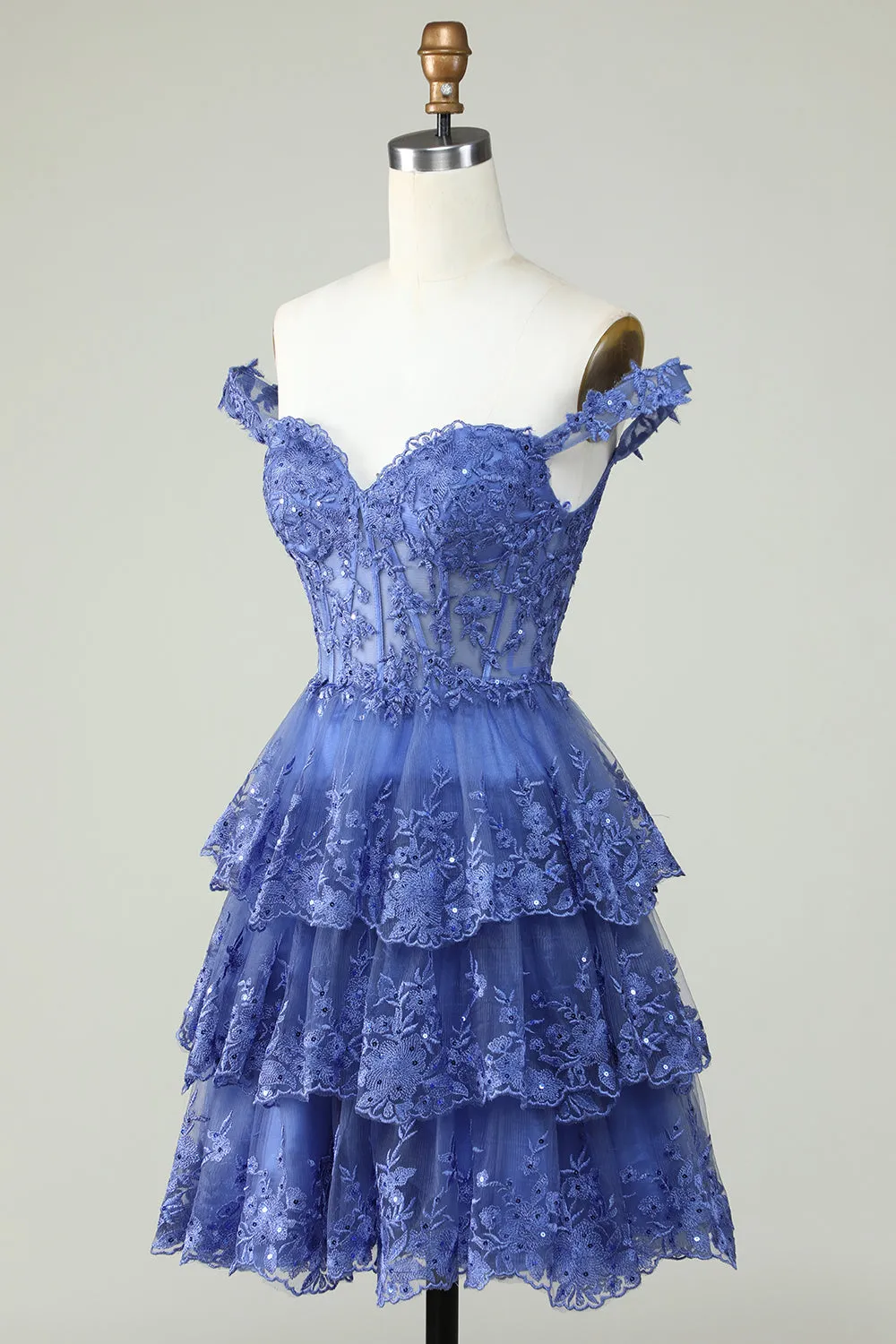 Dark Blue Corset Tiered A-Line Homecoming Dress with Lace