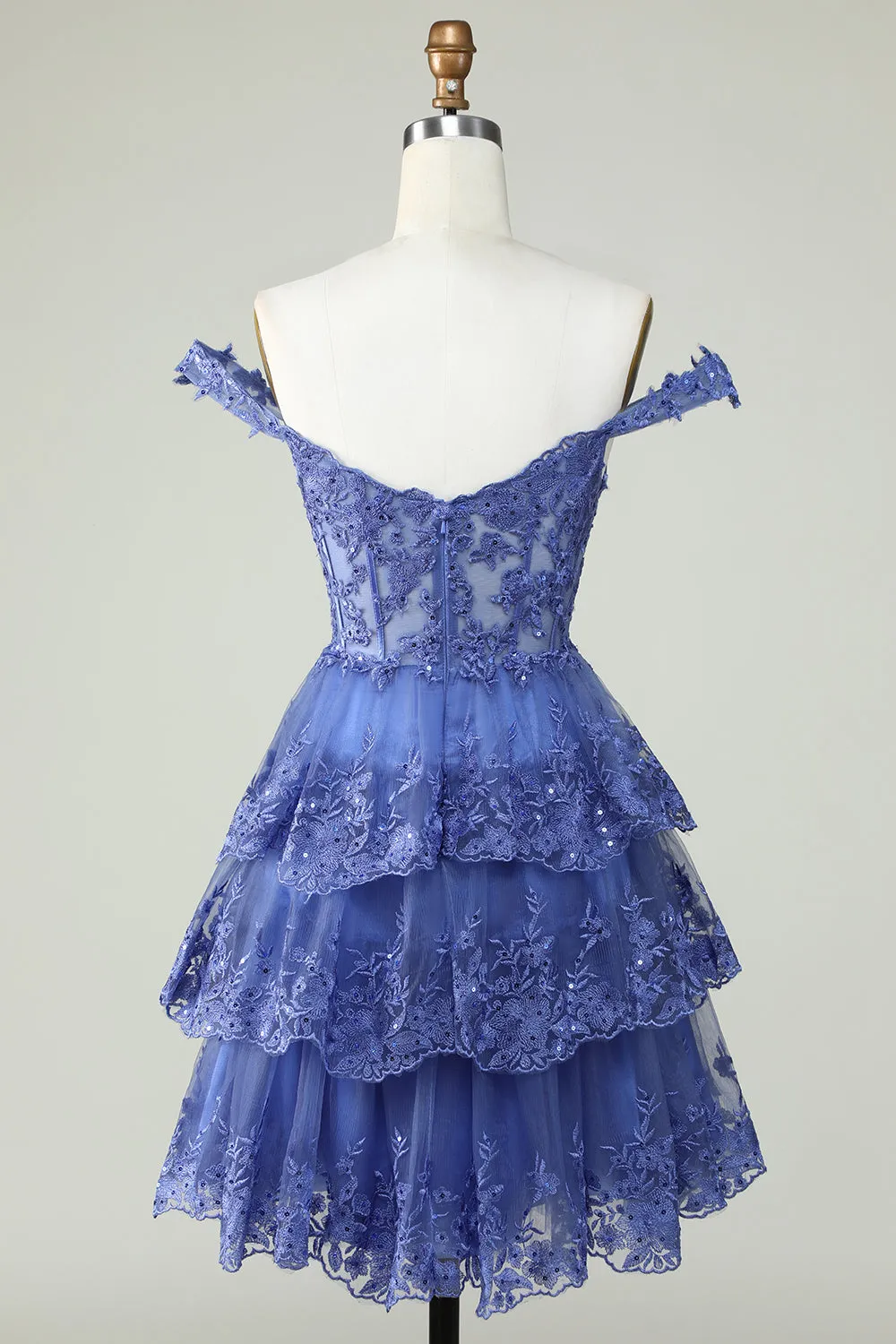 Dark Blue Corset Tiered A-Line Homecoming Dress with Lace