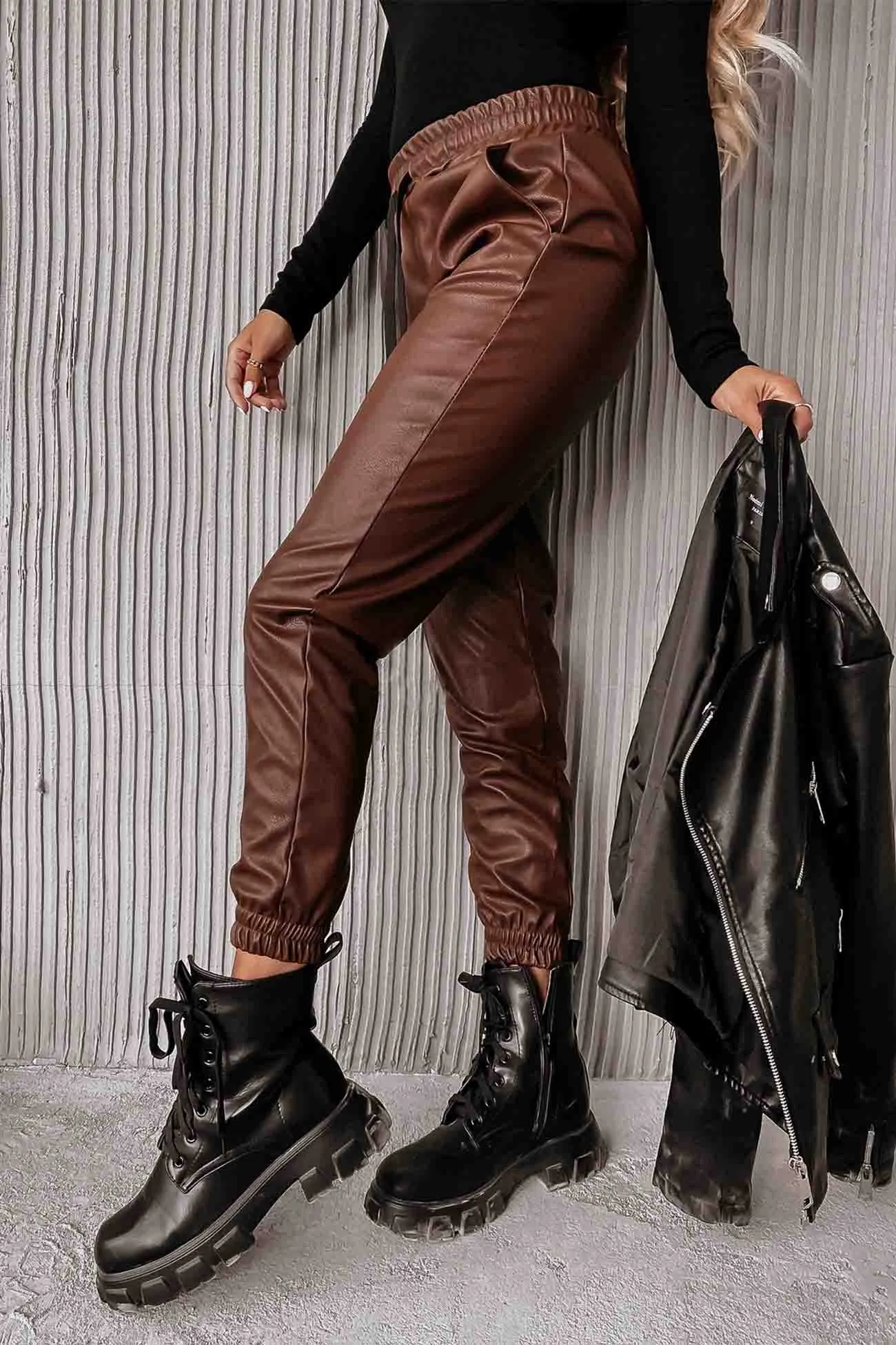 Drawstring Pocket Leather Jogger Pants