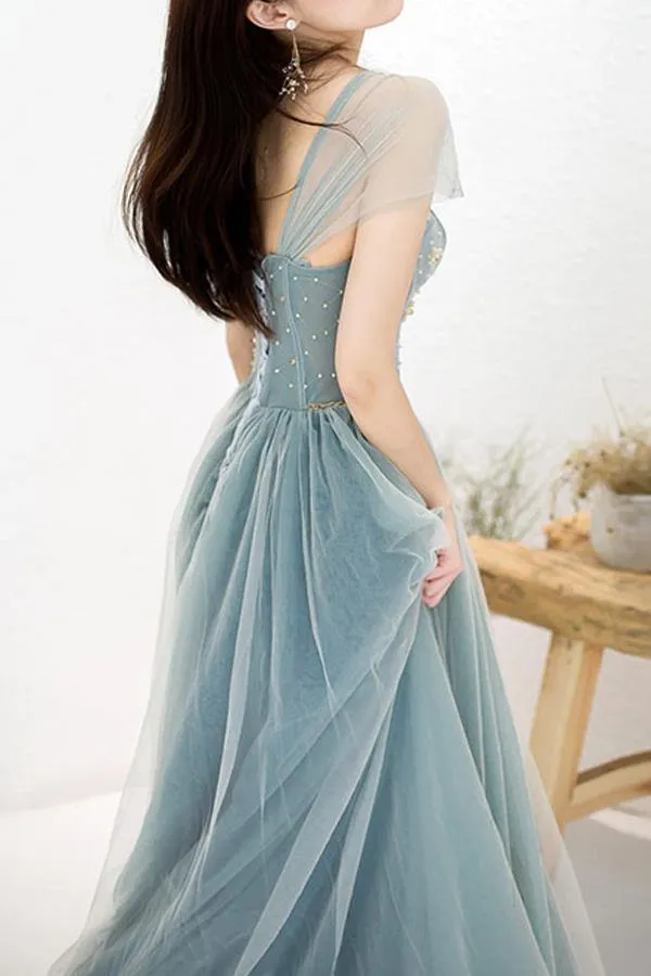 Dusty Blue Tulle Beaded Off-the-Shoulder Long Prom Dresses, Formal Dress, SP786