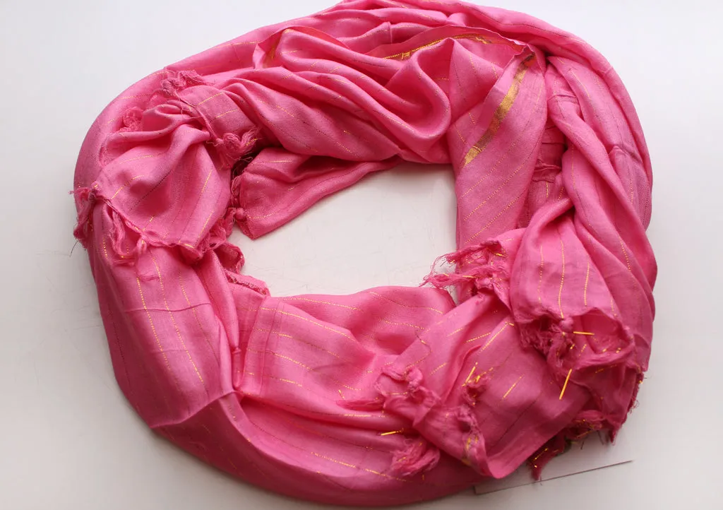 Elegant Pink Plain Jari Cotton Scarf with Golden Lining