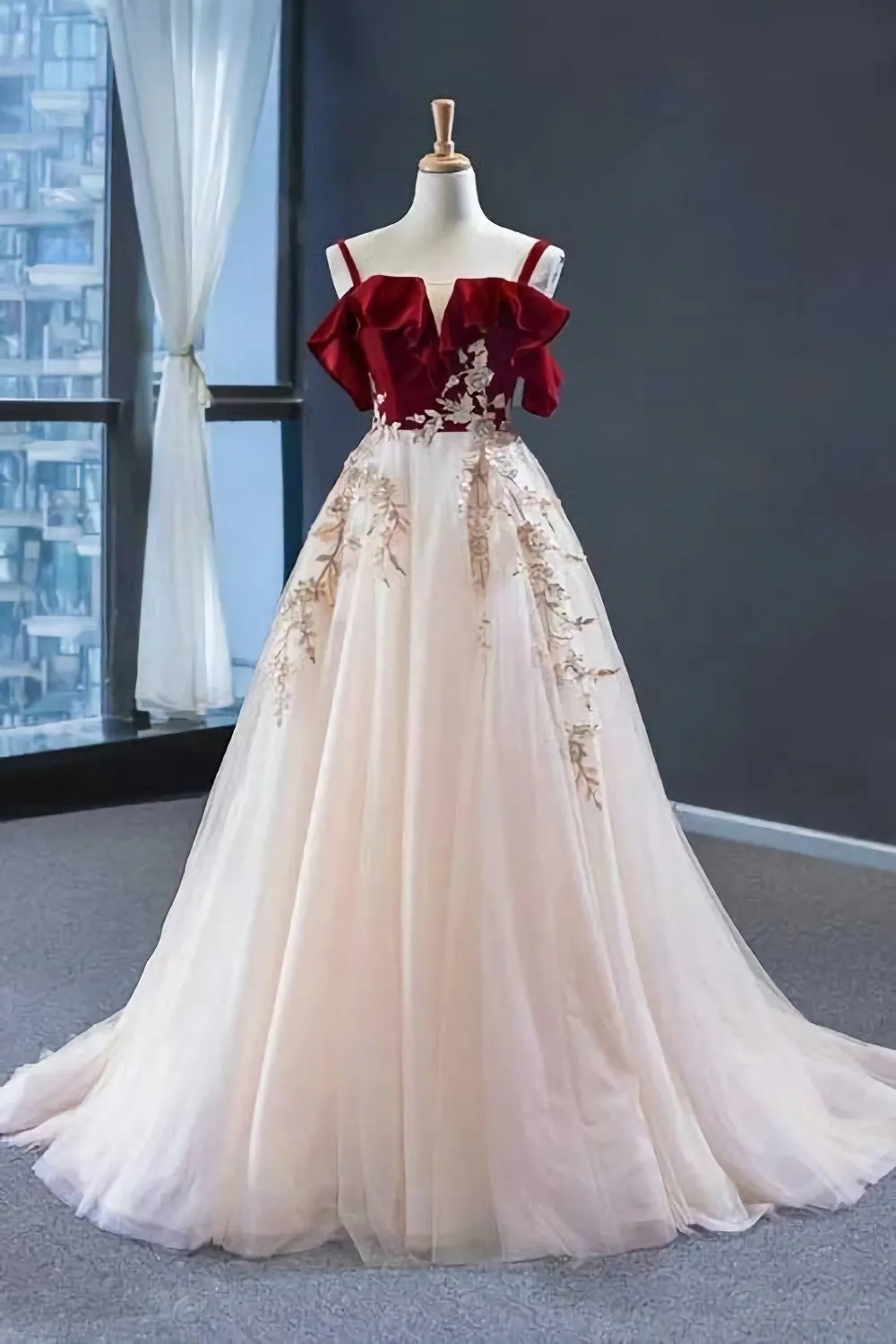 Elegant Straps Tulle With Velvet Red Long Prom Formal Dress