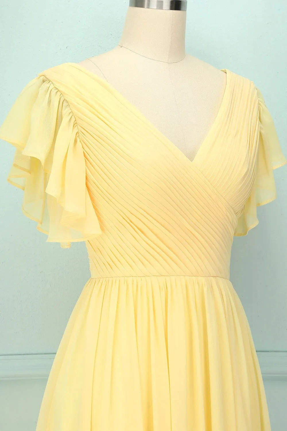 Elegant V Neck Pleated Yellow Bridesmaid Dress with Ruffles