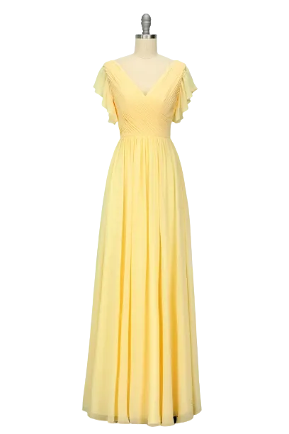 Elegant V Neck Pleated Yellow Bridesmaid Dress with Ruffles