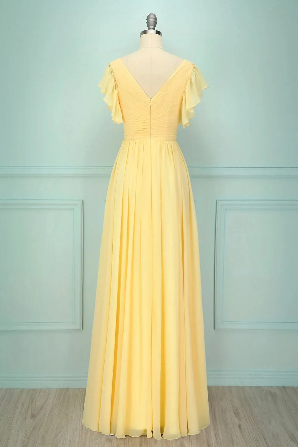 Elegant V Neck Pleated Yellow Bridesmaid Dress with Ruffles