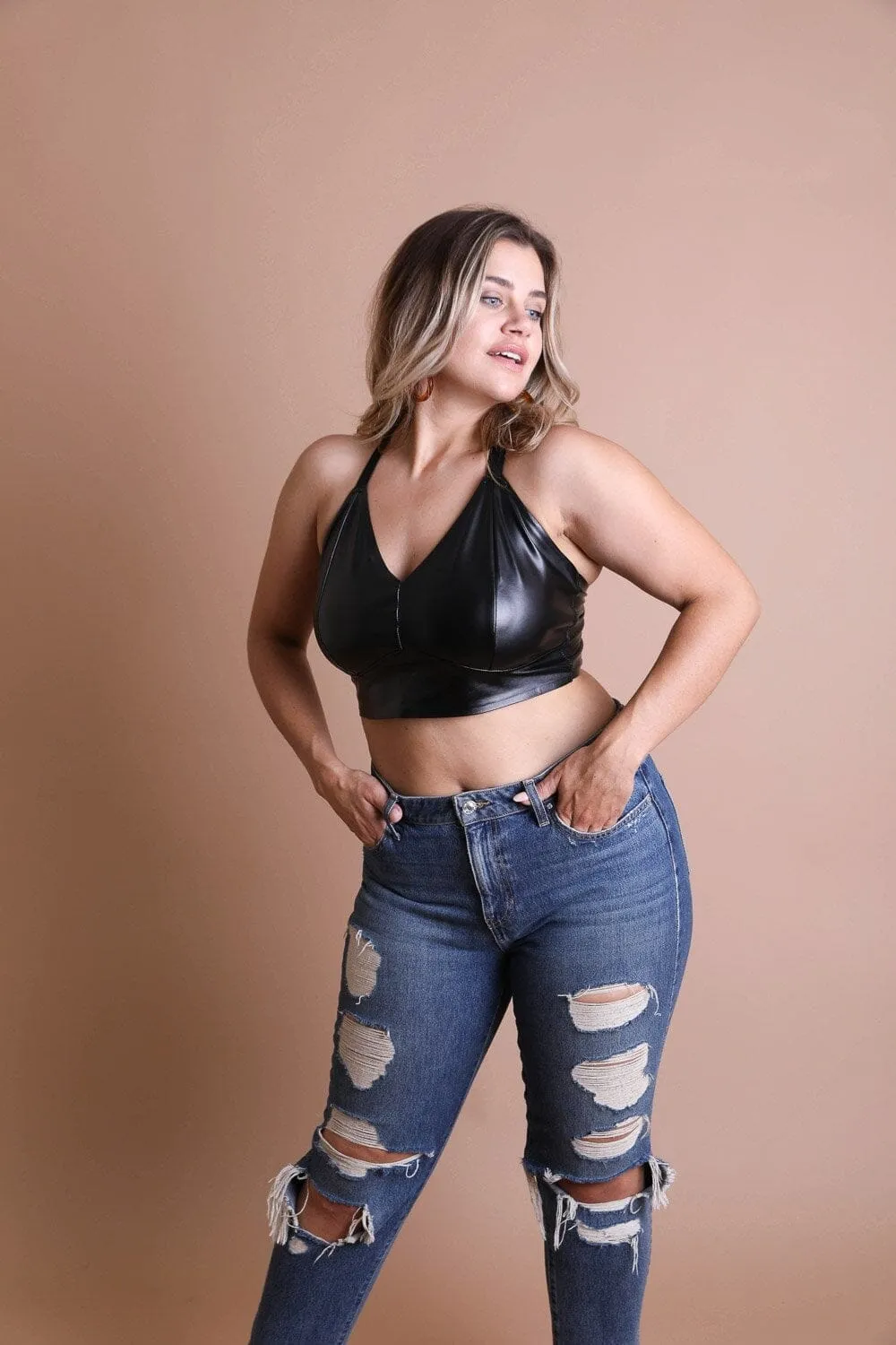 Faux Leather Longline Bralette Plus