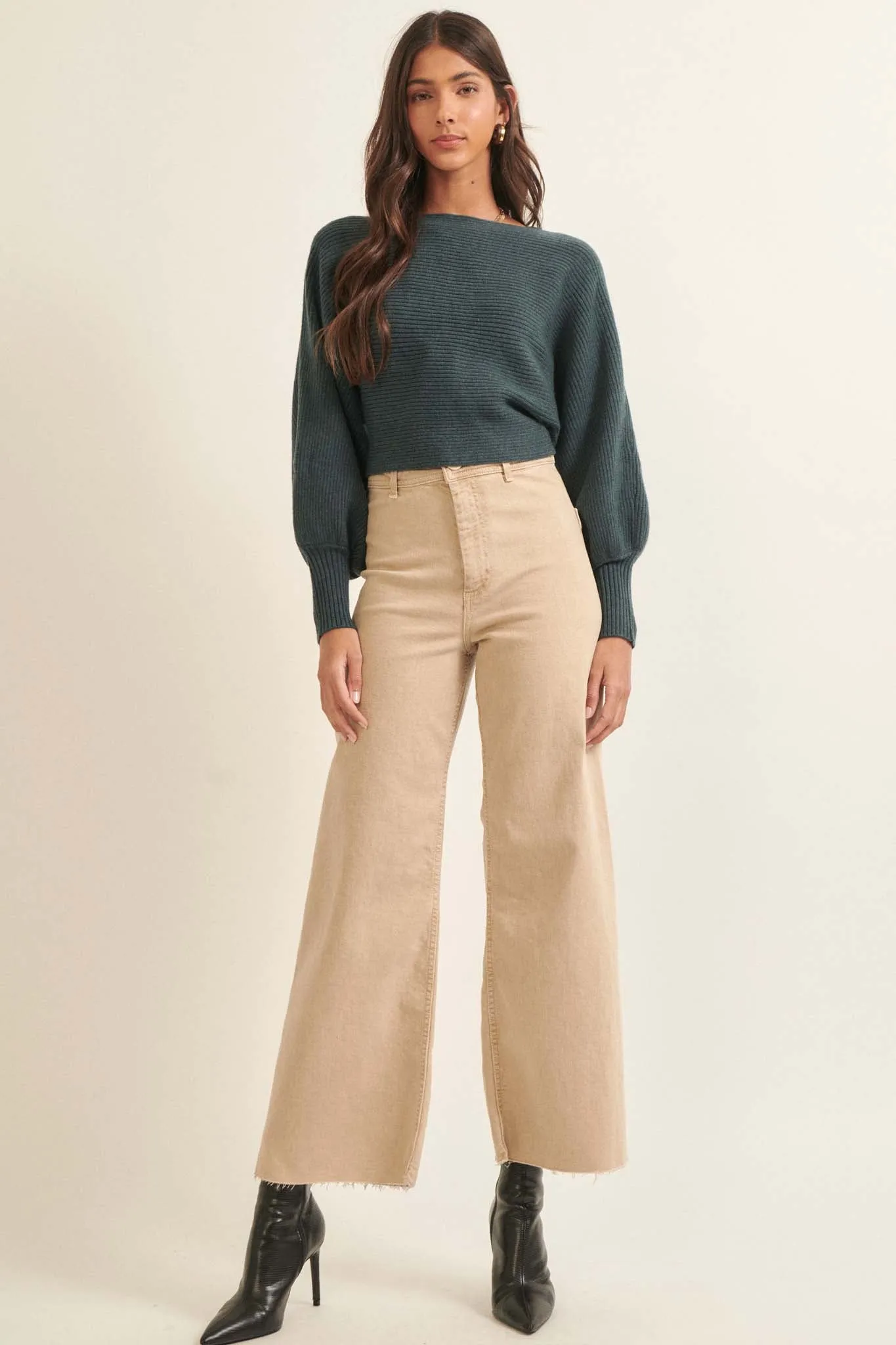 Fine Lines Cropped Rib-Knit Boatneck Sweater