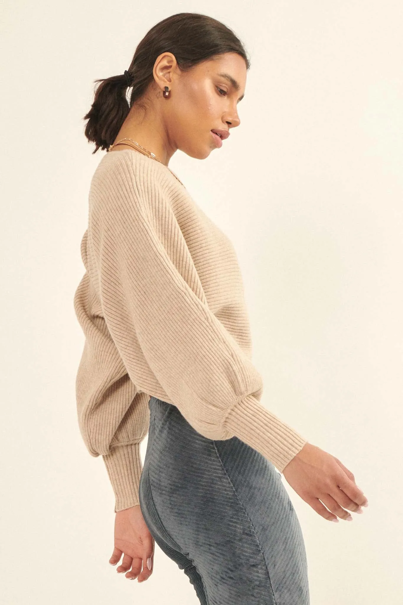 Fine Lines Cropped Rib-Knit Boatneck Sweater