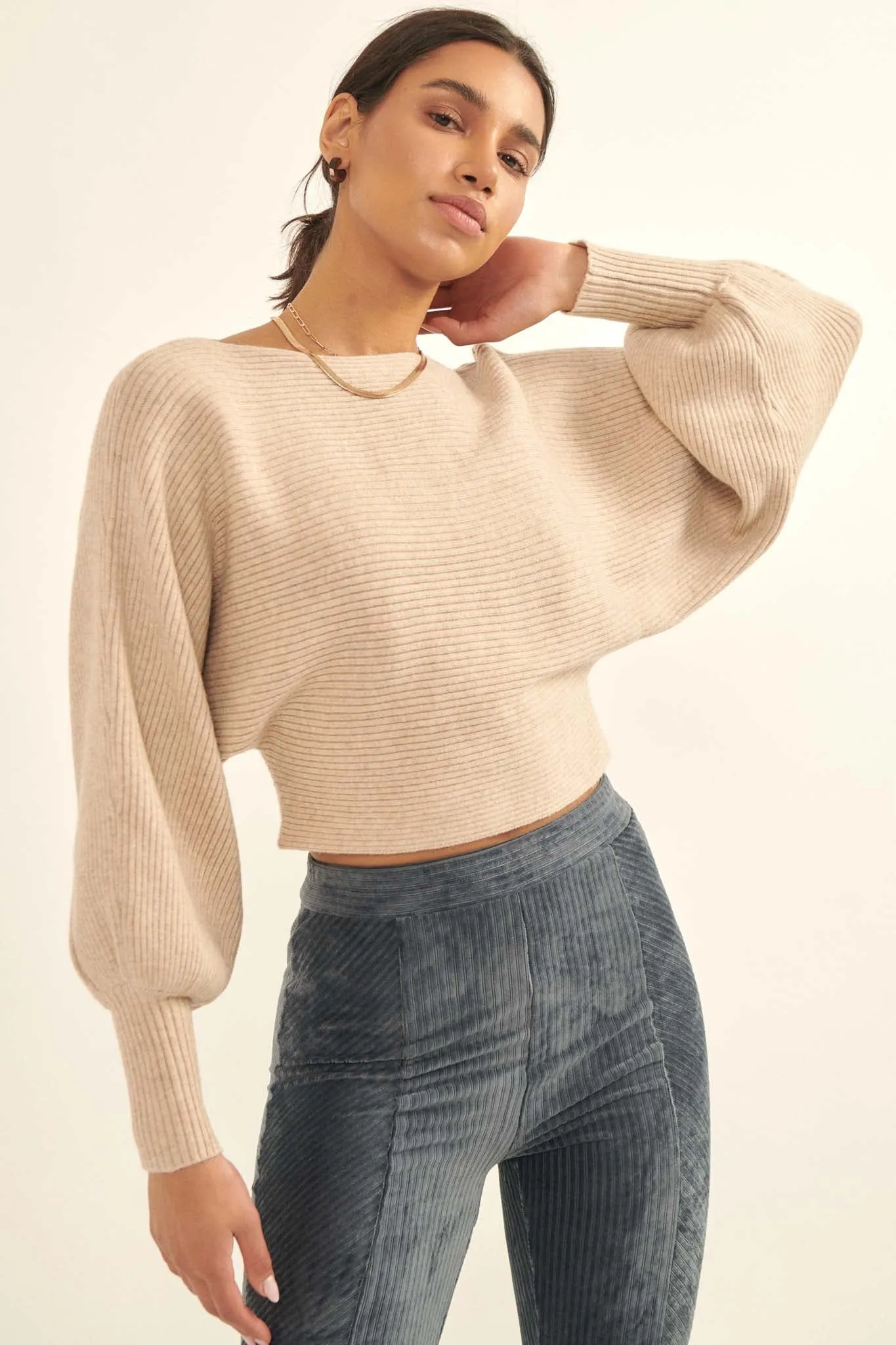 Fine Lines Cropped Rib-Knit Boatneck Sweater