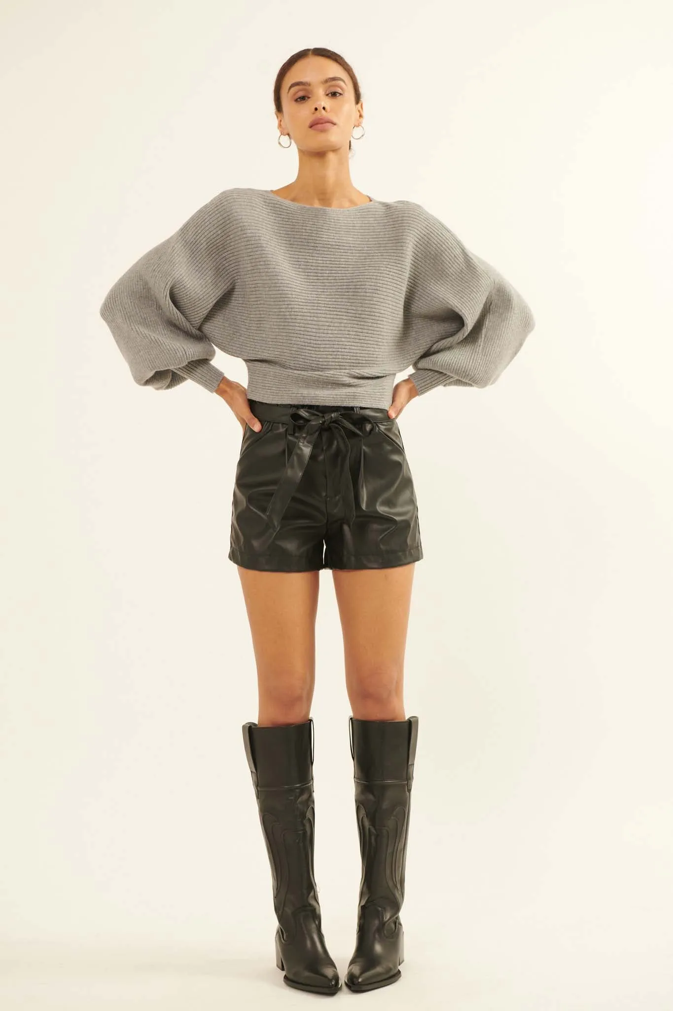 Fine Lines Cropped Rib-Knit Boatneck Sweater