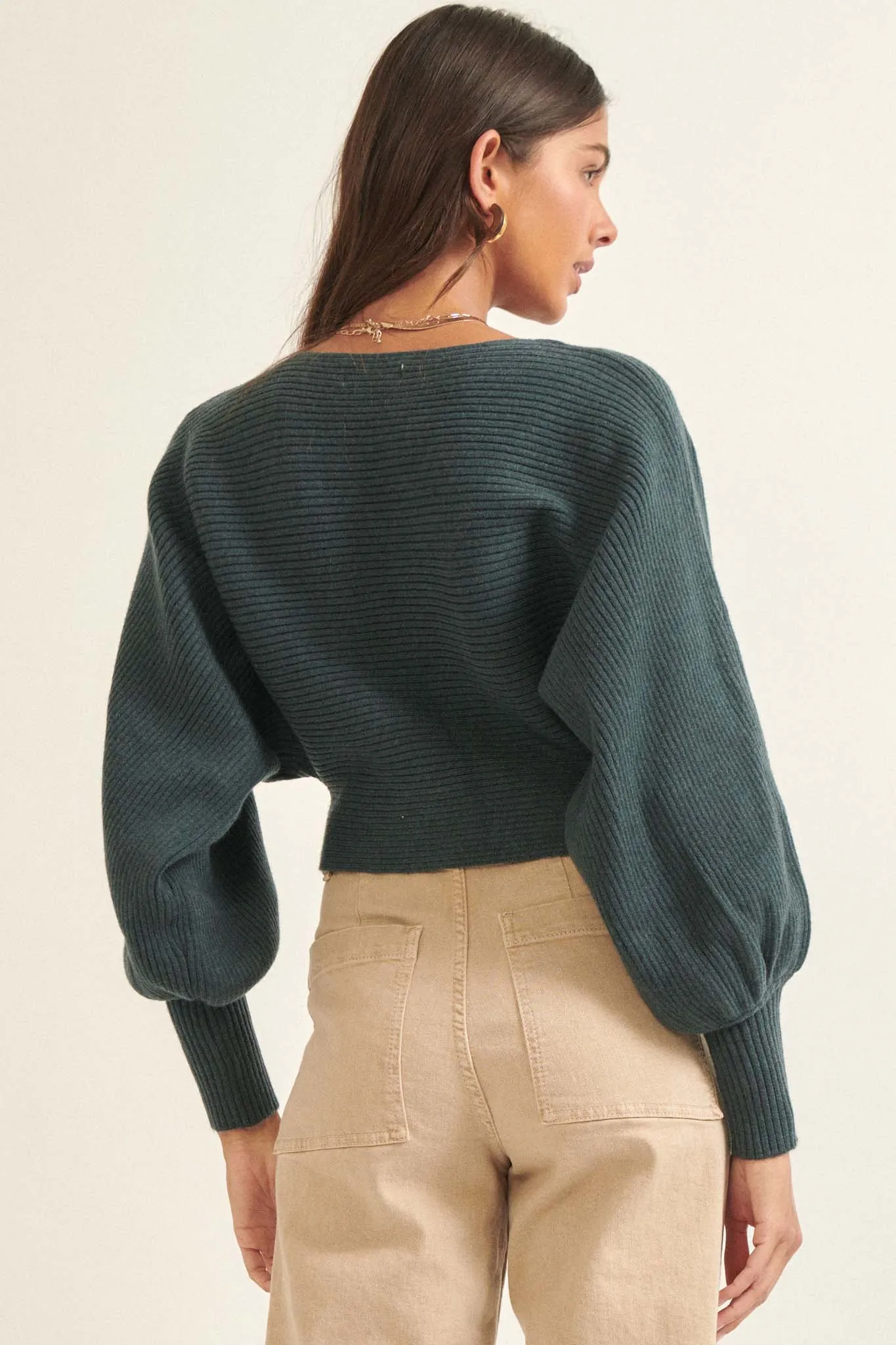 Fine Lines Cropped Rib-Knit Boatneck Sweater