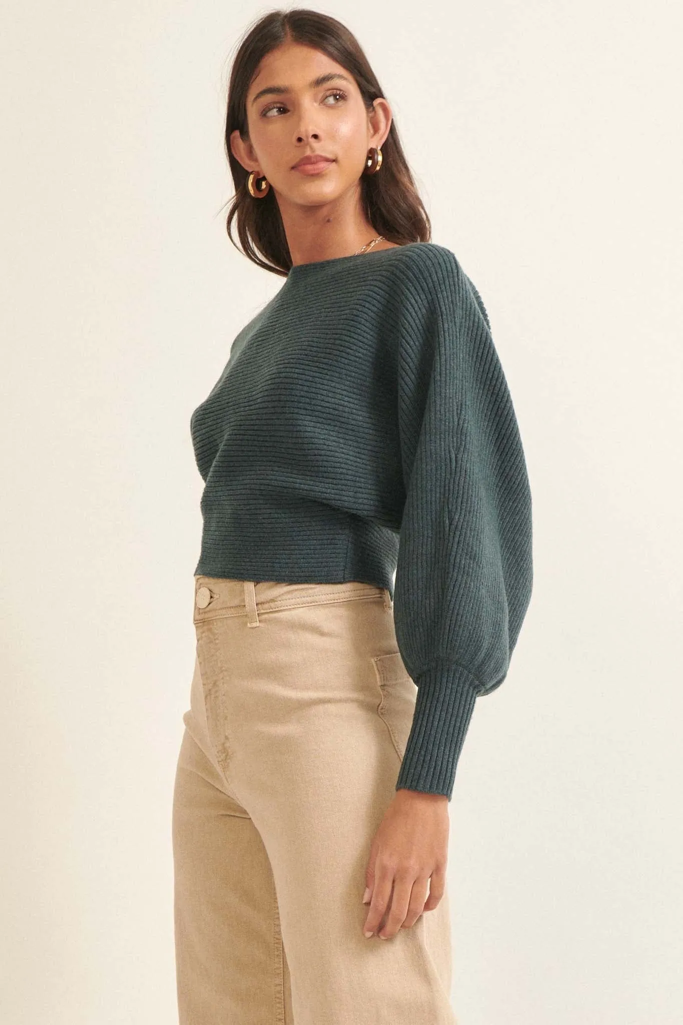 Fine Lines Cropped Rib-Knit Boatneck Sweater