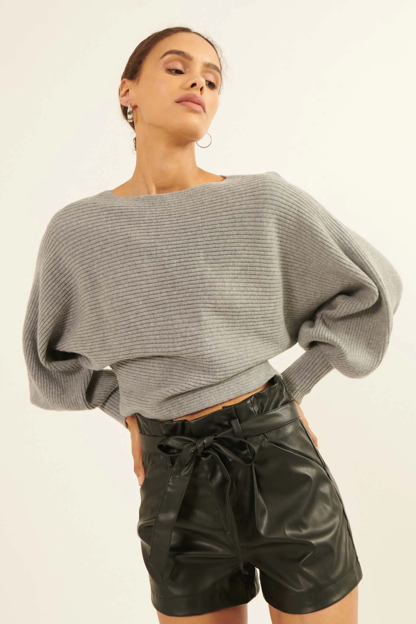 Fine Lines Cropped Rib-Knit Boatneck Sweater