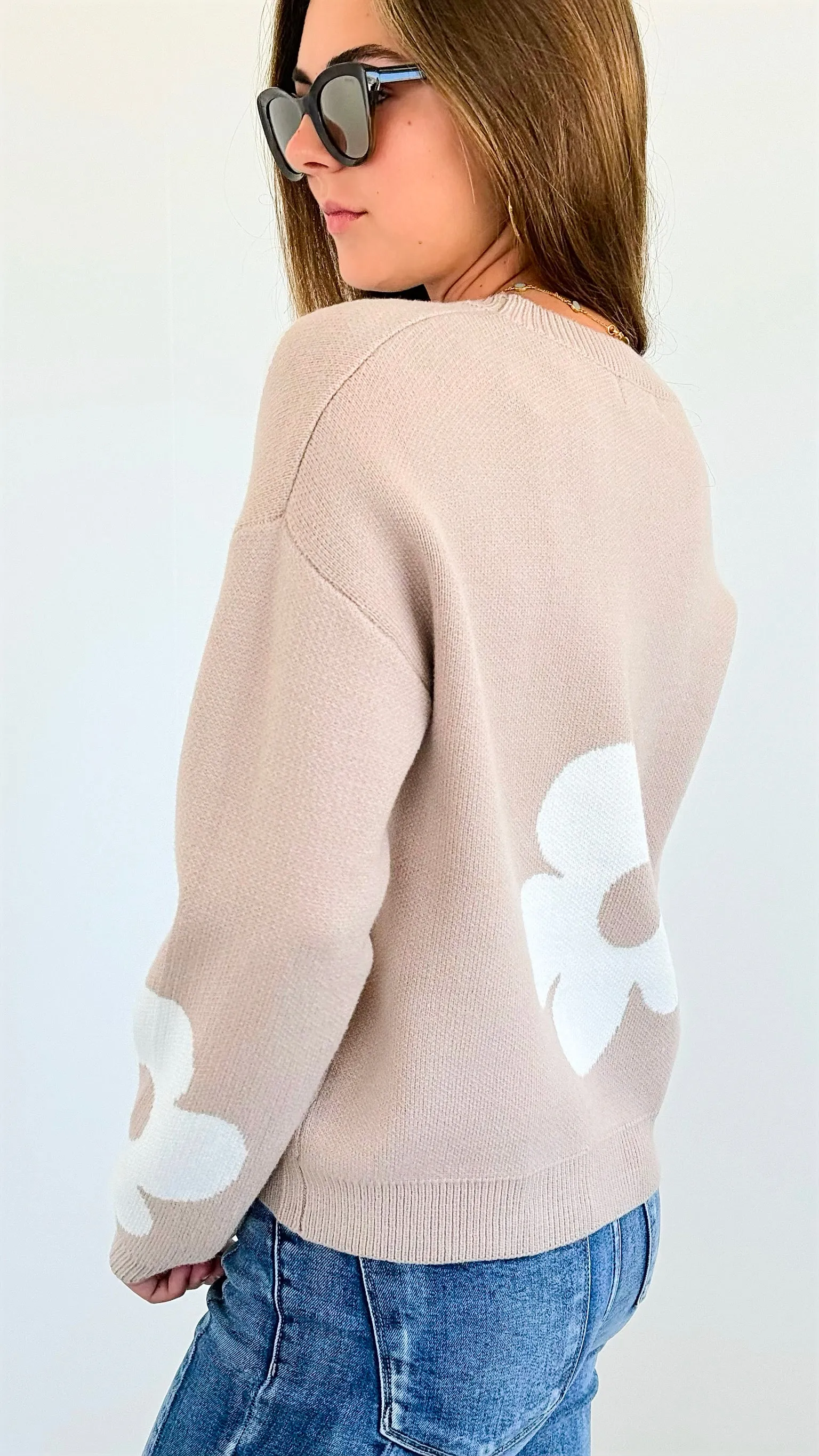 Flower Print Drop Sleeve Sweater - Beige