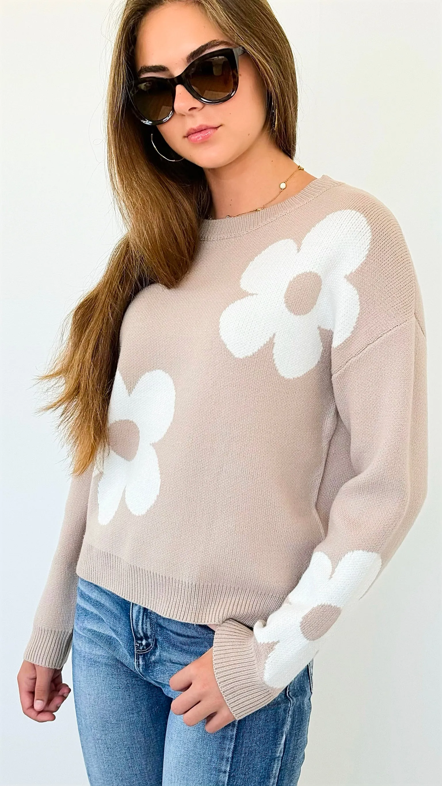 Flower Print Drop Sleeve Sweater - Beige