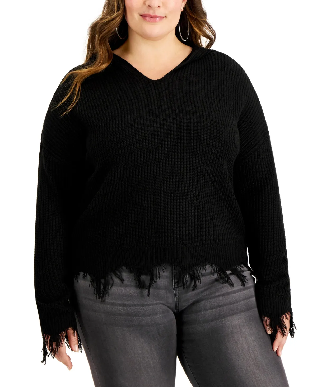 Full Circle Trends Trendy Plus Size Hooded Distressed Sweater